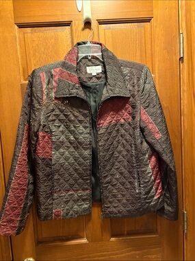 Erin London Quilted Patchwork Bomber Jacket in Brown and Burgundy